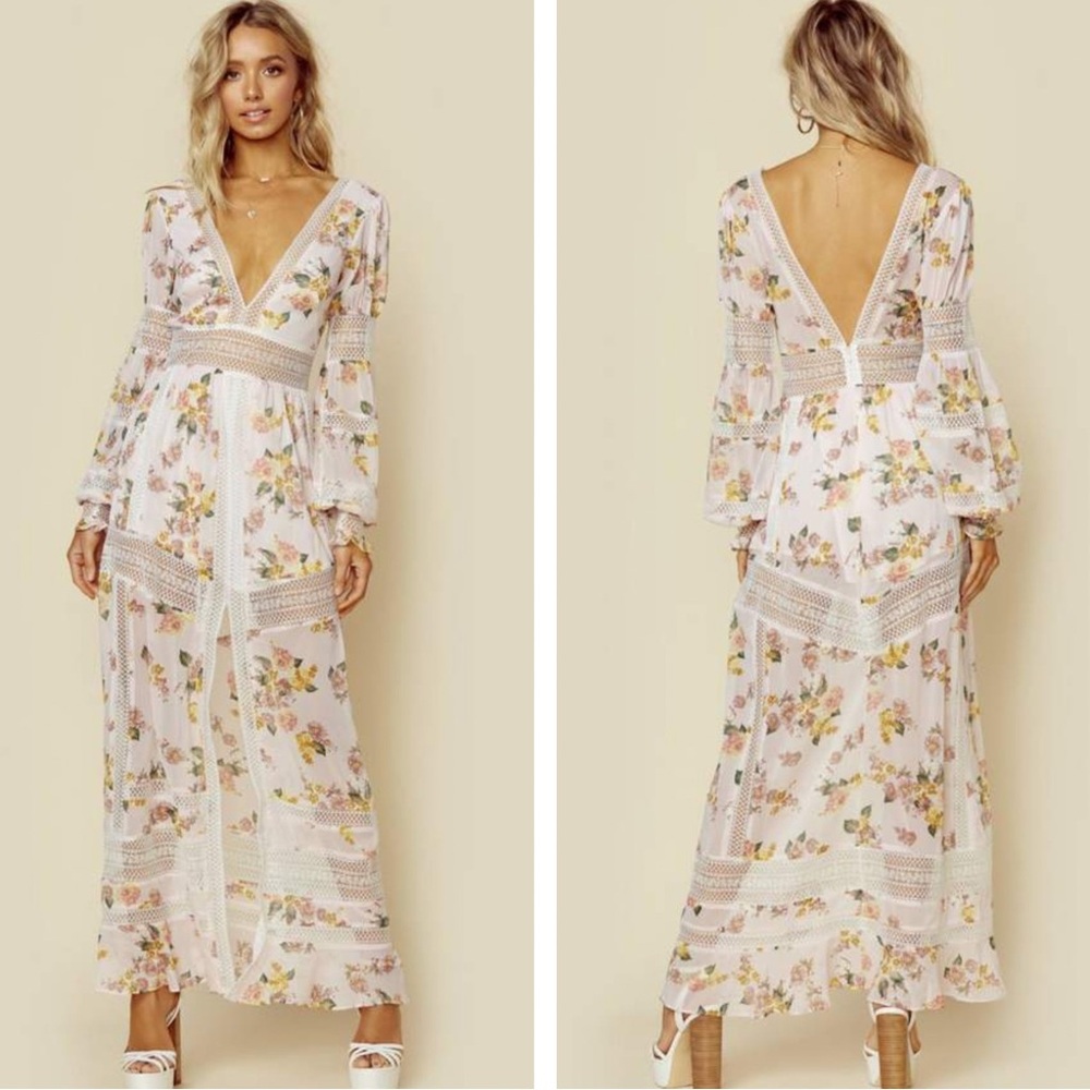 For Love And Lemons Floral Maxi Dress - Cream and Pink Sz Large